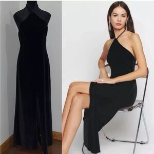 Reformation- Black Nyla Velvet Halter Dress Backless Thigh High Slit Size Large